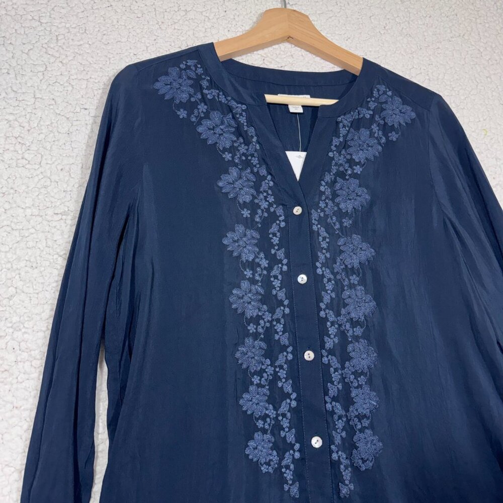 J.Jill Navy Blue Button Up Embroidered Blouse Top Size XS Semi Sheer Office - Picture 2 of 6